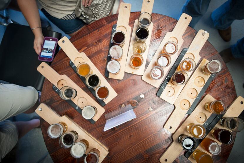 Multiple flights of beer at Cobra  
Brewing's Pints for a Cure event in Lewisville.