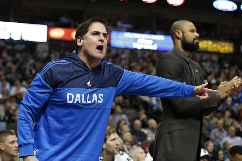 Mar 2, 2015; Dallas, TX, USA; Dallas Mavericks owner Mark Cuban argues a call in the second...