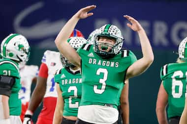 Southlake Carroll quarterback Quinn Ewers (3) reacts as Southlake Carroll defeated...