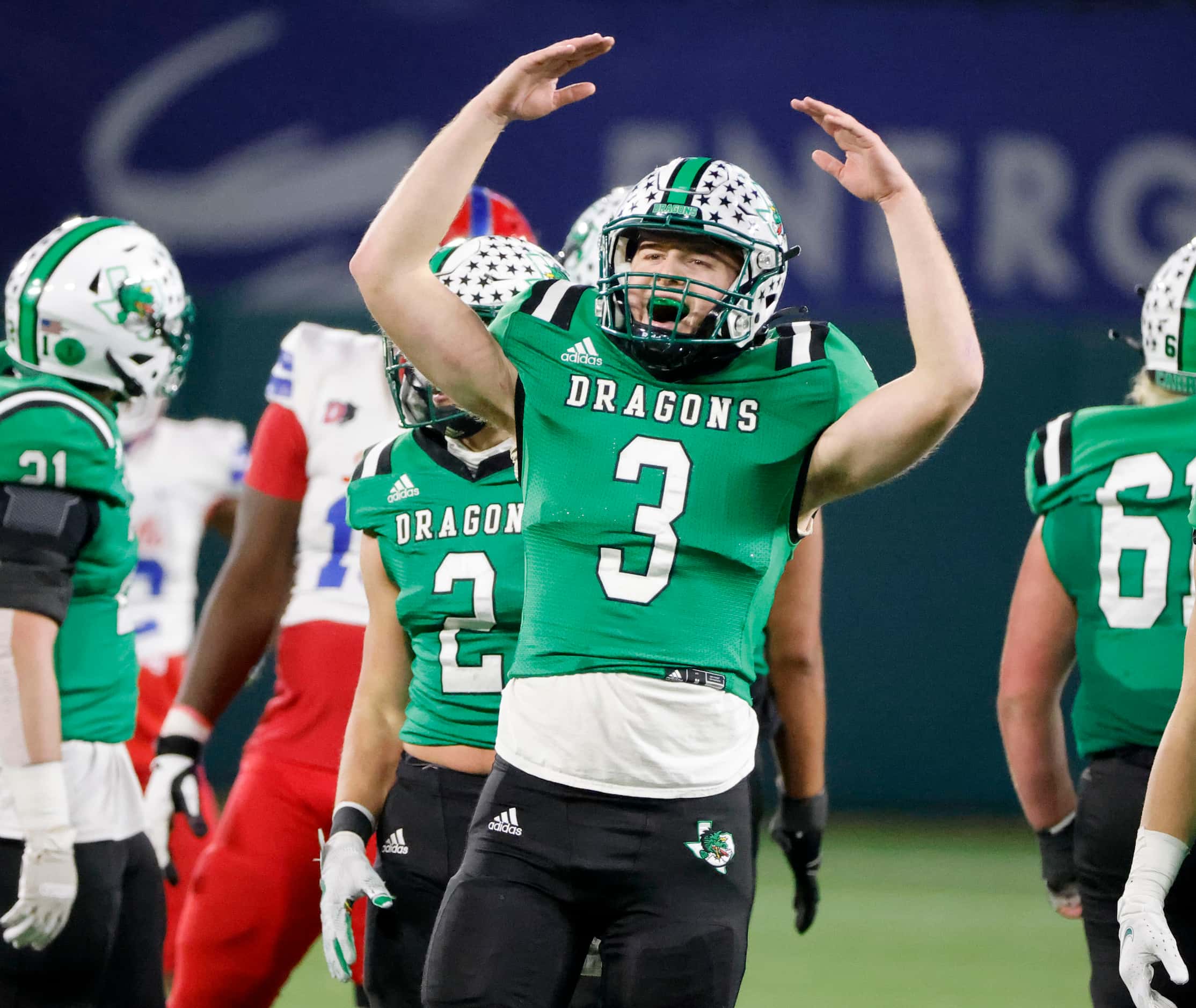 Southlake quarterback Quinn Ewers (3) reacts as Southlake defeated Duncanville 34-27 during...