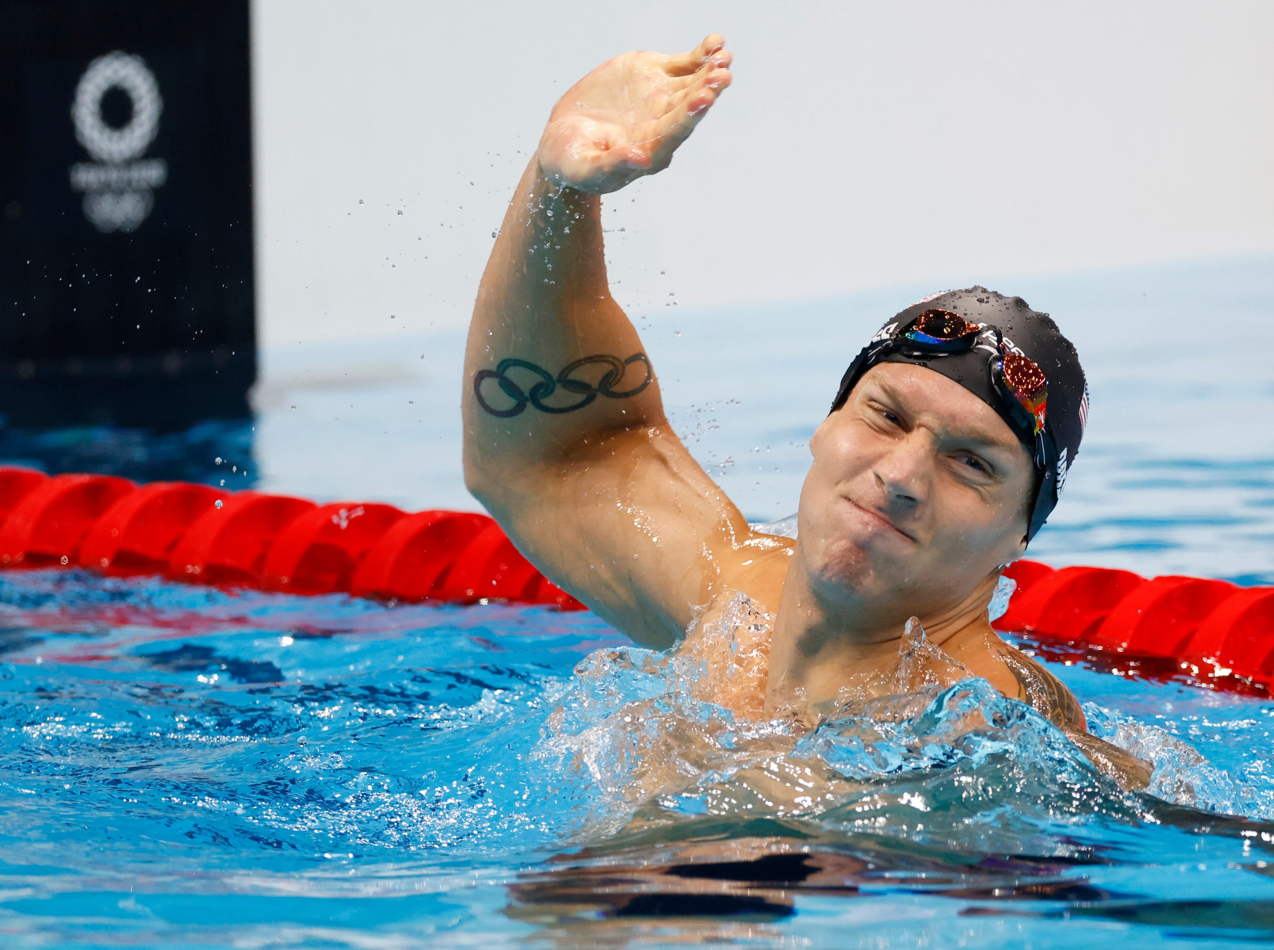 USA’s Caeleb Dressel celebrates after winning the men’s 50 meter freestyle final during the...