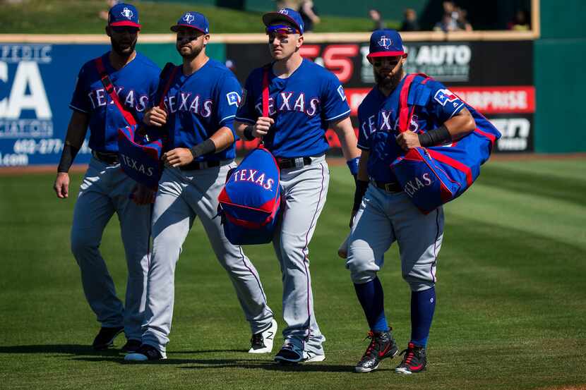 Texas Rangers outfielder Nomar Mazara (from left), first baseman Joey Gallo, outfielder Ryan...