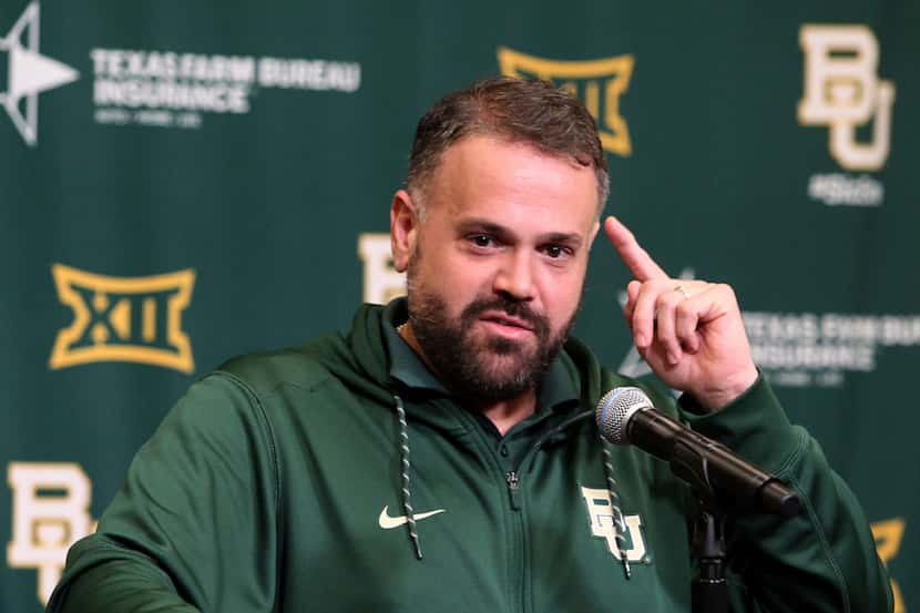 FILE - In this March 16, 2017, file photo, Baylor head football coach Matt Rhule answers...