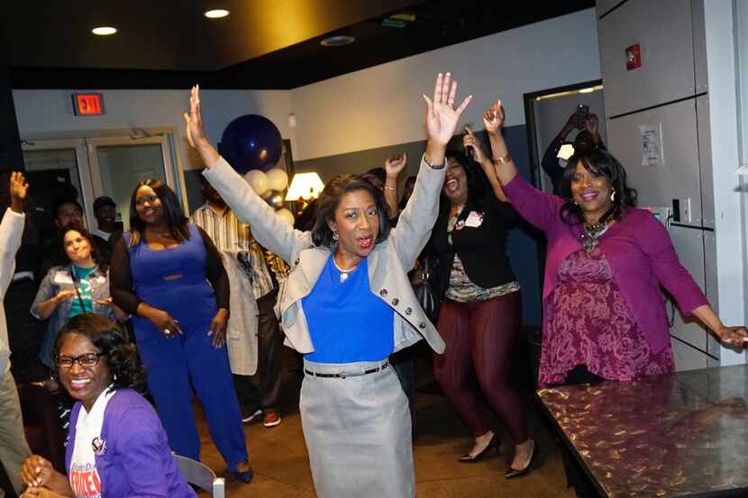 District attorney candidate Elizabeth Frizell celebrates with supporters at Delta Charlie's...