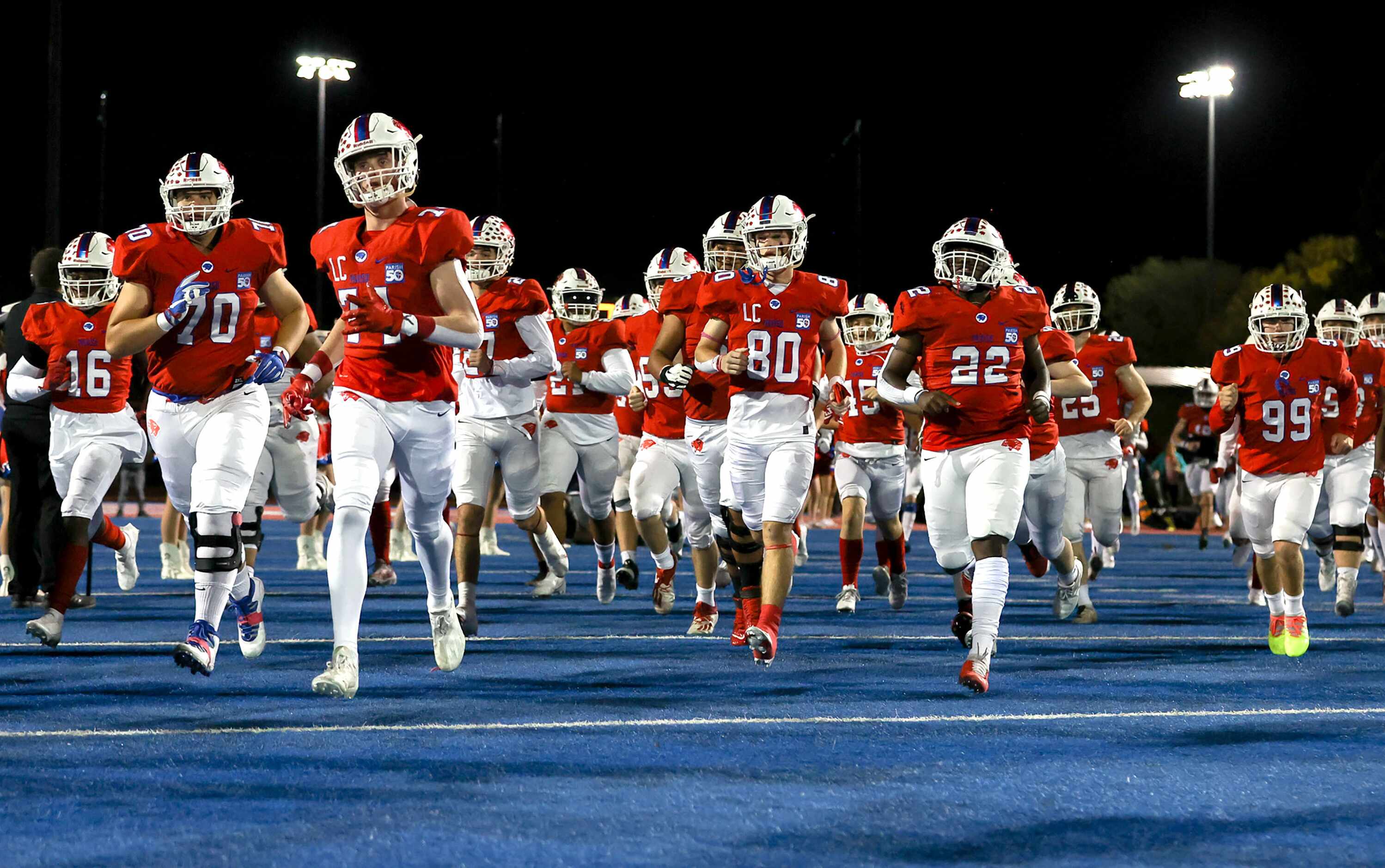 The Parish Episcopal Panthers enter the field to face Fort Worth Nolan in a TAPPS 1-I high...