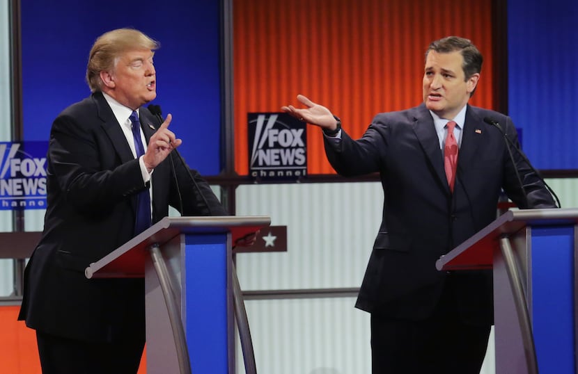 Donald Trump and Sen. Ted Cruz squabble during a Republican presidential debate March 3,...