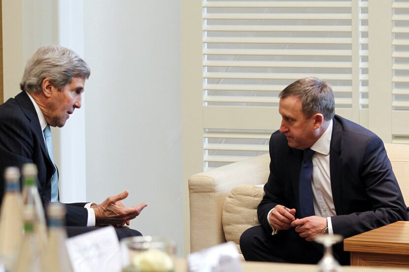 Secretary of State John Kerry speaks with Ukrainian Foreign Minister Andriy Deshchytisa...