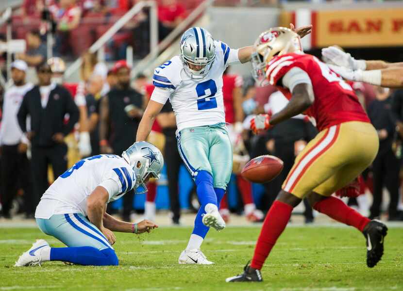 Dallas Cowboys kicker Brett Maher (2) kicks a field goal during the second quarter of an NFL...