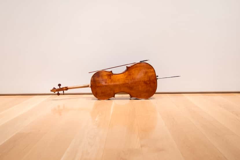 A cello belonging to the Parker Quartet sits outside a rehearsal room during intermission of...
