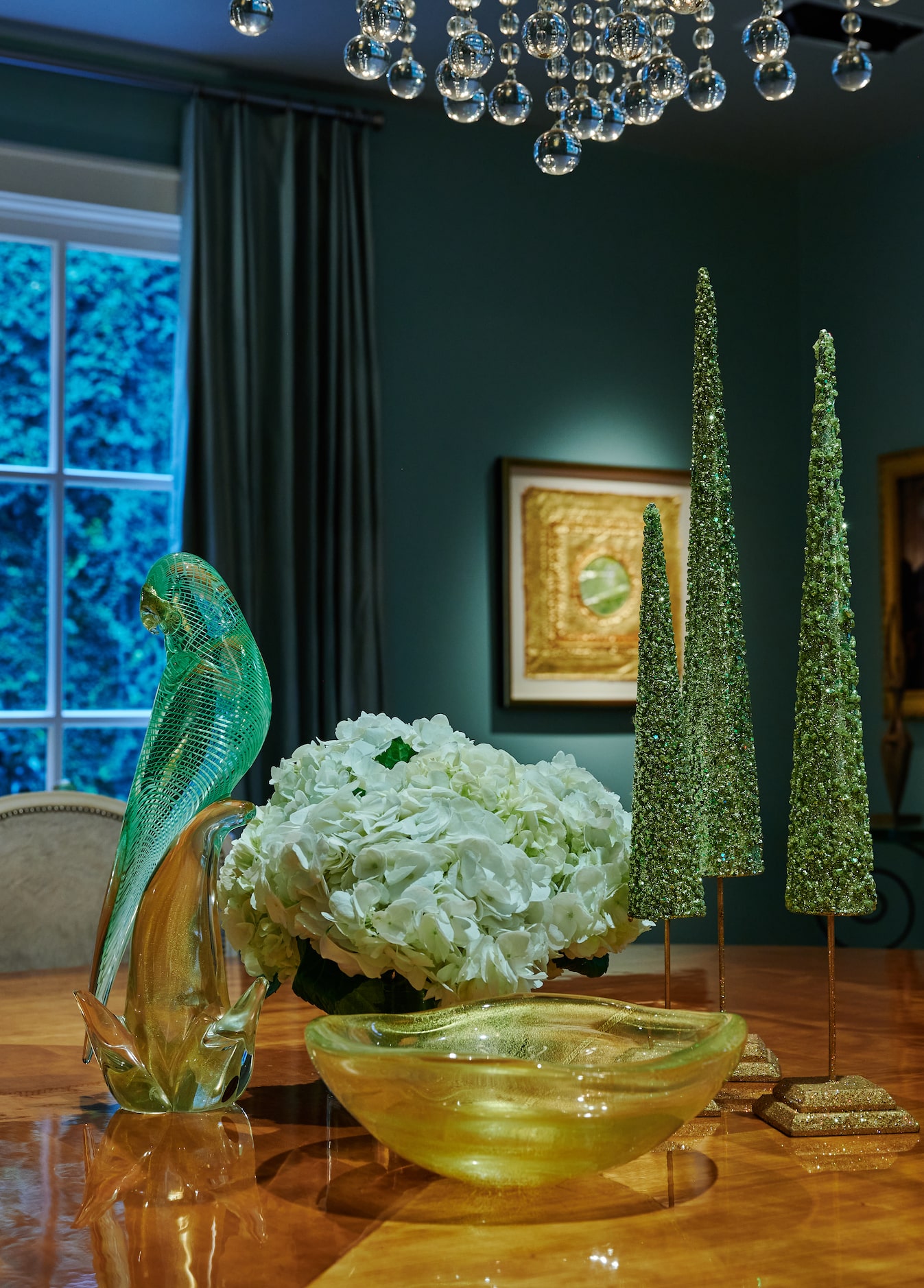 Showers dining room table is an eclectic collection of her personal Murano glass pieces...