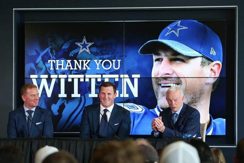 FILE - Cowboys owner Jerry Jones talks about Jason Witten (center) alongside head coach...