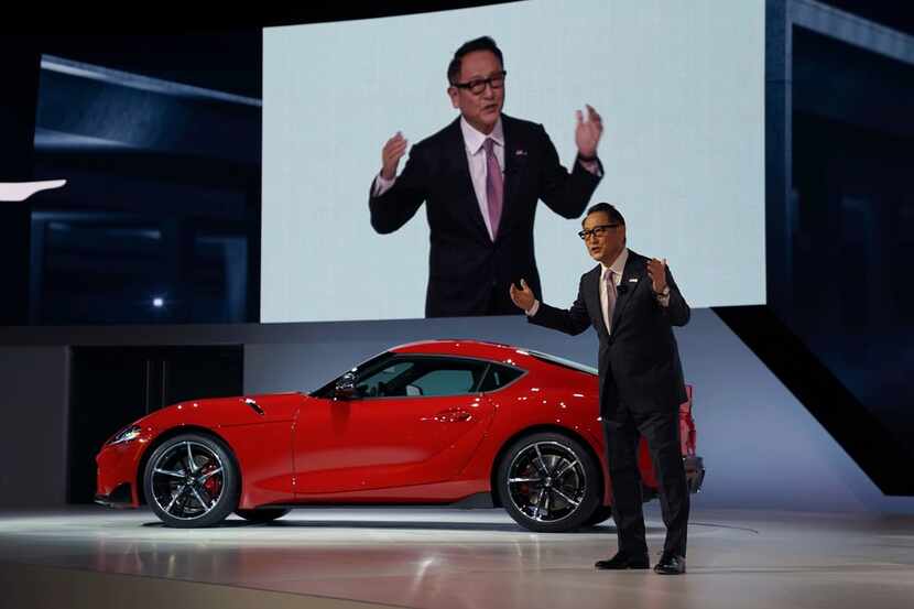 Toyota President Akio Toyoda unveils the 2020 Toyota Supra during day one of the 2019  North...