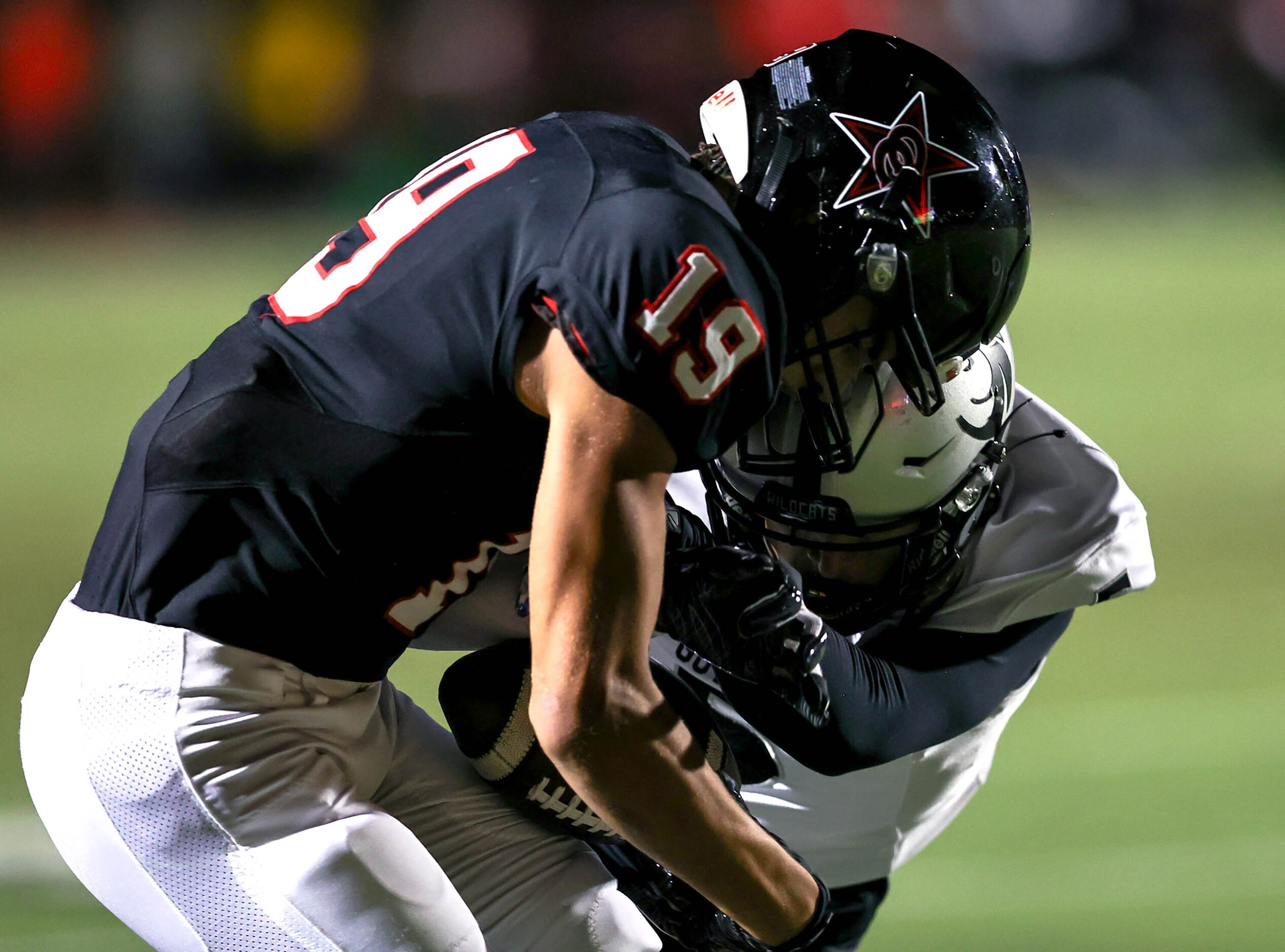 Coppell wide receiver Tucker Cusano (19) comes up with a great reception against Denton...