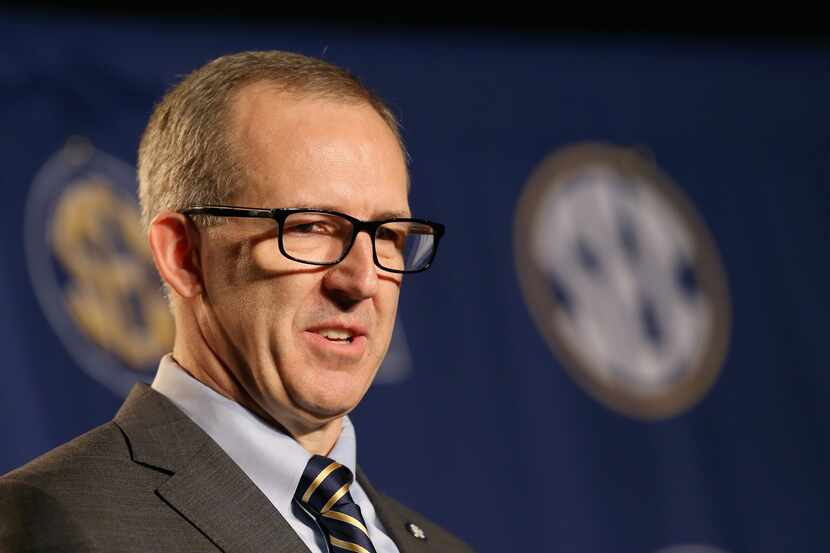 Greg Sankey the new commissioner of the SEC talks to the media before the quaterfinals of...