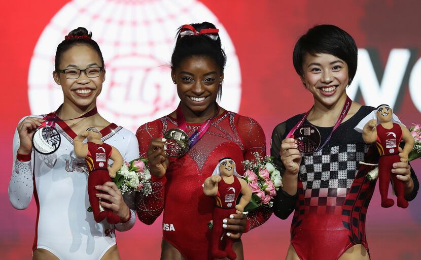 DOHA, QATAR - NOVEMBER 03:  Mai Murakami of Japan with Bronze, Simone Biles of USA with Gold...