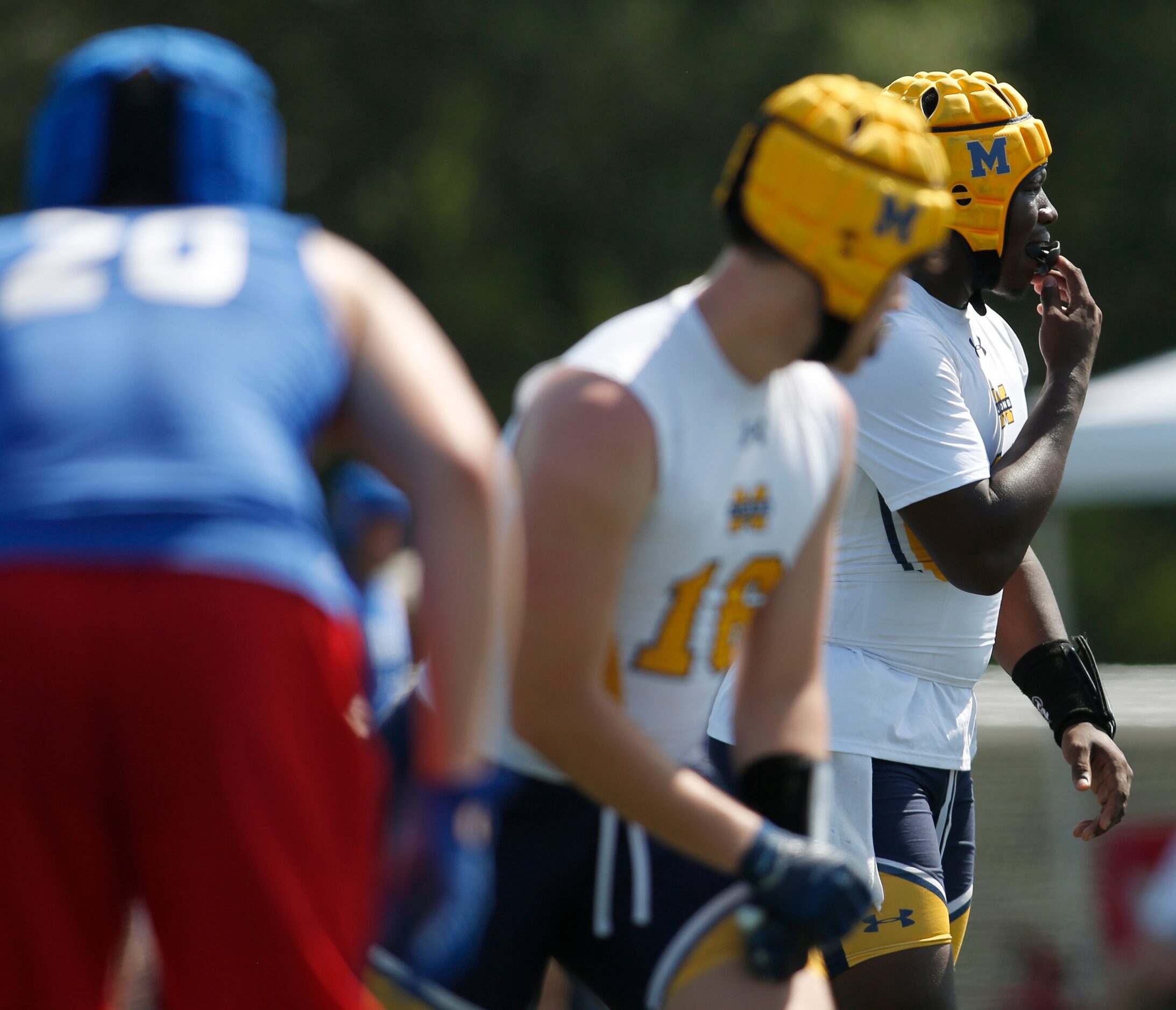 McKinney Lions quarterback Keldric Luster (12), far right, looks over the defense at the...