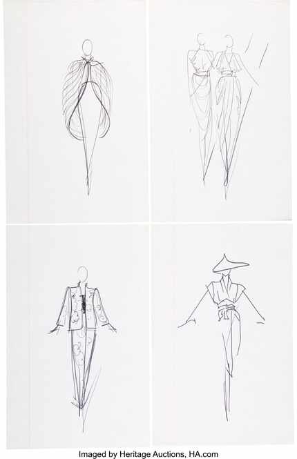 Framed sketches for Neiman Marcus by fashion designer Halston.