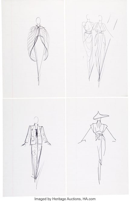 Framed sketches for Neiman Marcus by fashion designer Halston.