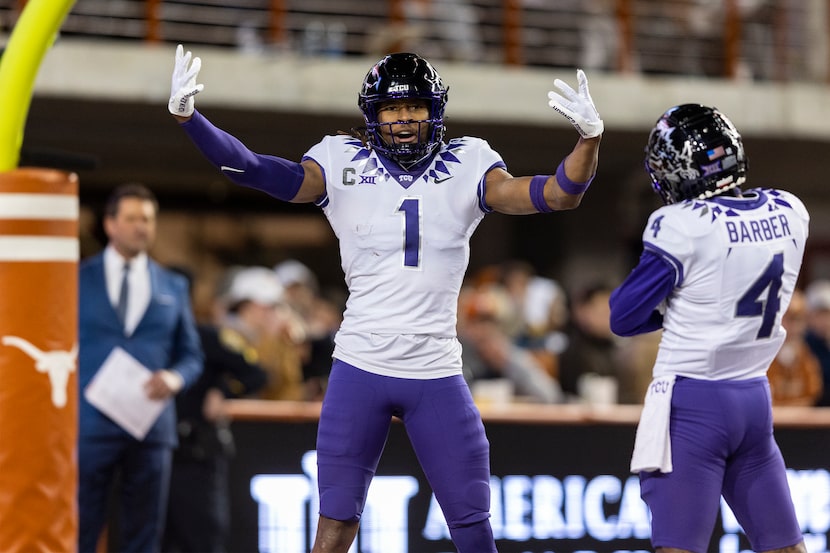 TCU wide receiver Quentin Johnston (1) celebrates a touchdown against Texas with wide...