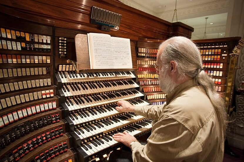 Michael Barone, host of Pipedreams, at the Wanamaker Organ in Philadelphia.