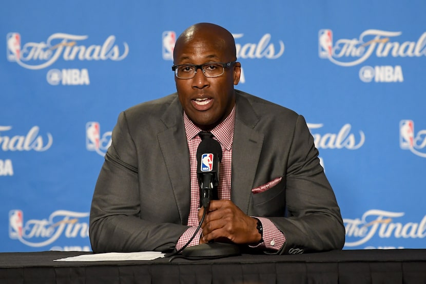 Coach Mike Brown of the Golden State Warriors talks to the media after the 113-91 win...