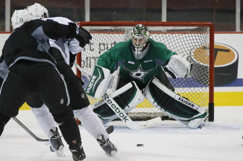 Dallas Stars goalie Jack Campbell (#1) eyes the puck during the second day of Dallas Stars...