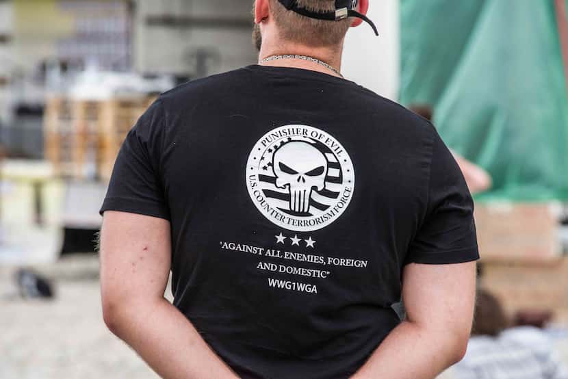 The Punisher logo as seen on a QAnon T-shirt in Munich, Germany, in July 2020.