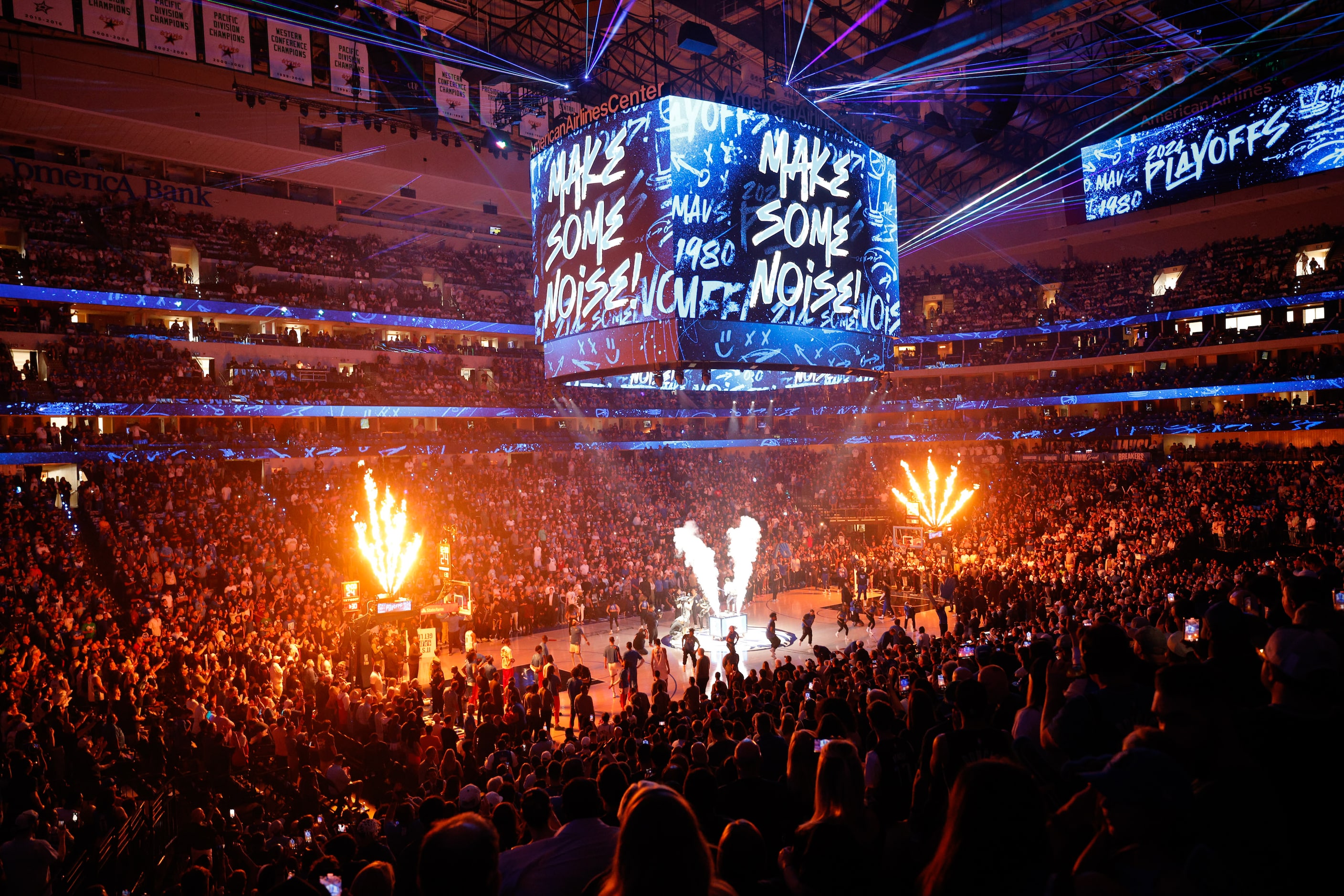 Fireworks spark before Game 3 of an NBA basketball second-round playoff series between the...