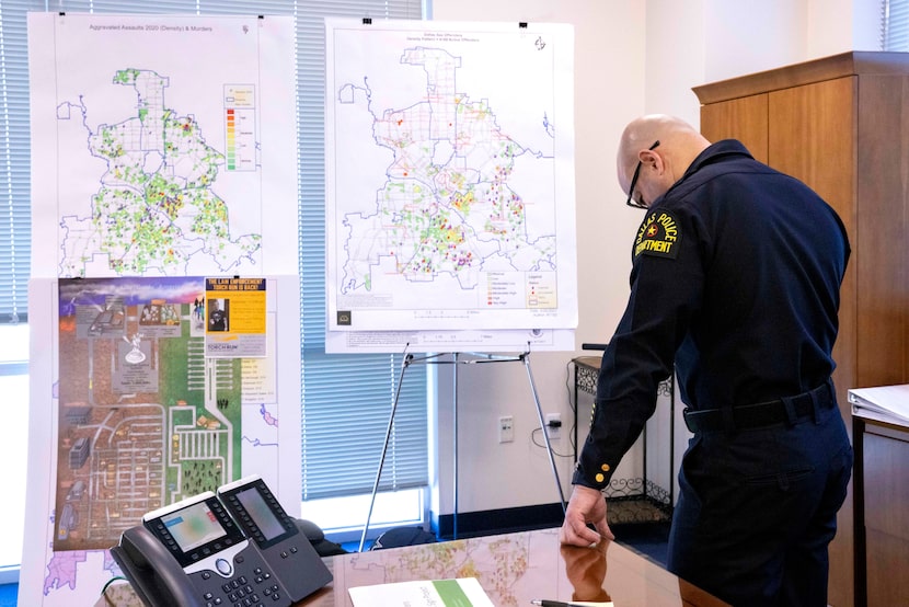 Dallas police Chief Eddie García talks on the phone in his office at Jack Evans Police...