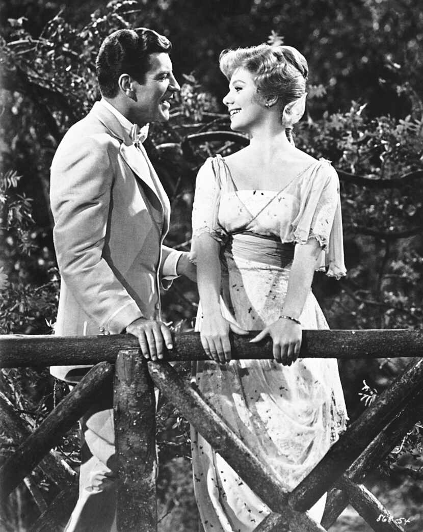 Actors Robert Preston (left) and Shirley Jones during the filming of the 1962 movie version...