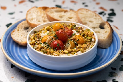 Whipped ricotta with blistered tomatoes, pistachio dukkah and sourdough sounds like a good...