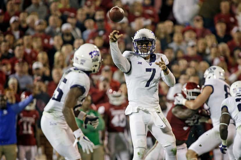 NORMAN, OK - NOVEMBER 11: Quarterback Kenny Hill #7 of the TCU Horned Frogs throws to wide...