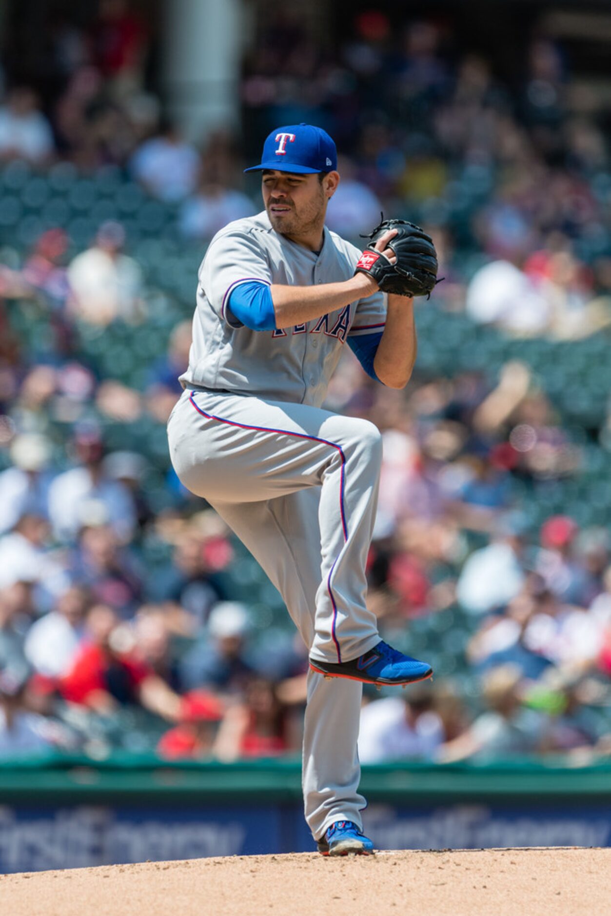 CLEVELAND, OH - MAY 2: Starting pitcher Matt Moore #55 of the Texas Rangers pitches during...