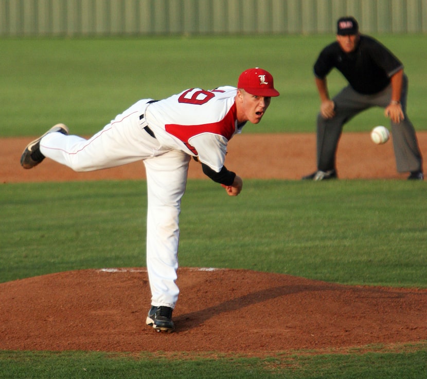 Legacy's Noah Syndergaard (19) pitches during  baseball  playoff action against Birdville...