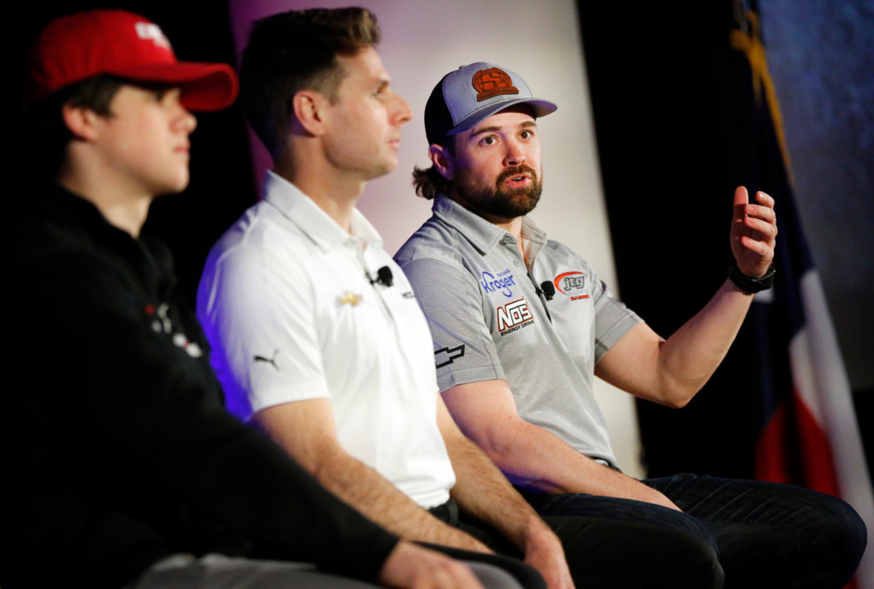 NASCAR Cup driver Ricky Stenhouse, Jr. (right)  answers questions about the upcoming race...