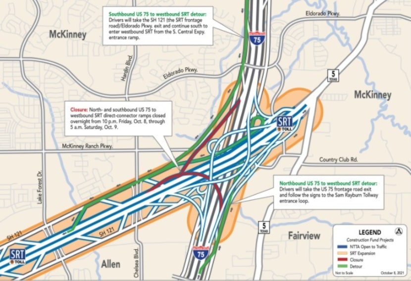 The north and southbound ramps connecting the Sam Rayburn Tollway to westbound U.S. Highway...