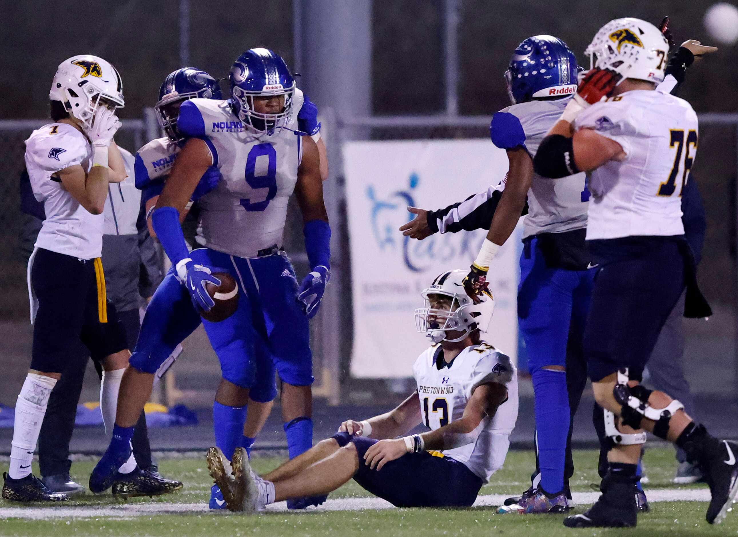 Fort Worth Nolan's Curlee Thomas III (9) celebrates his fourth quarter fumble recovery by...