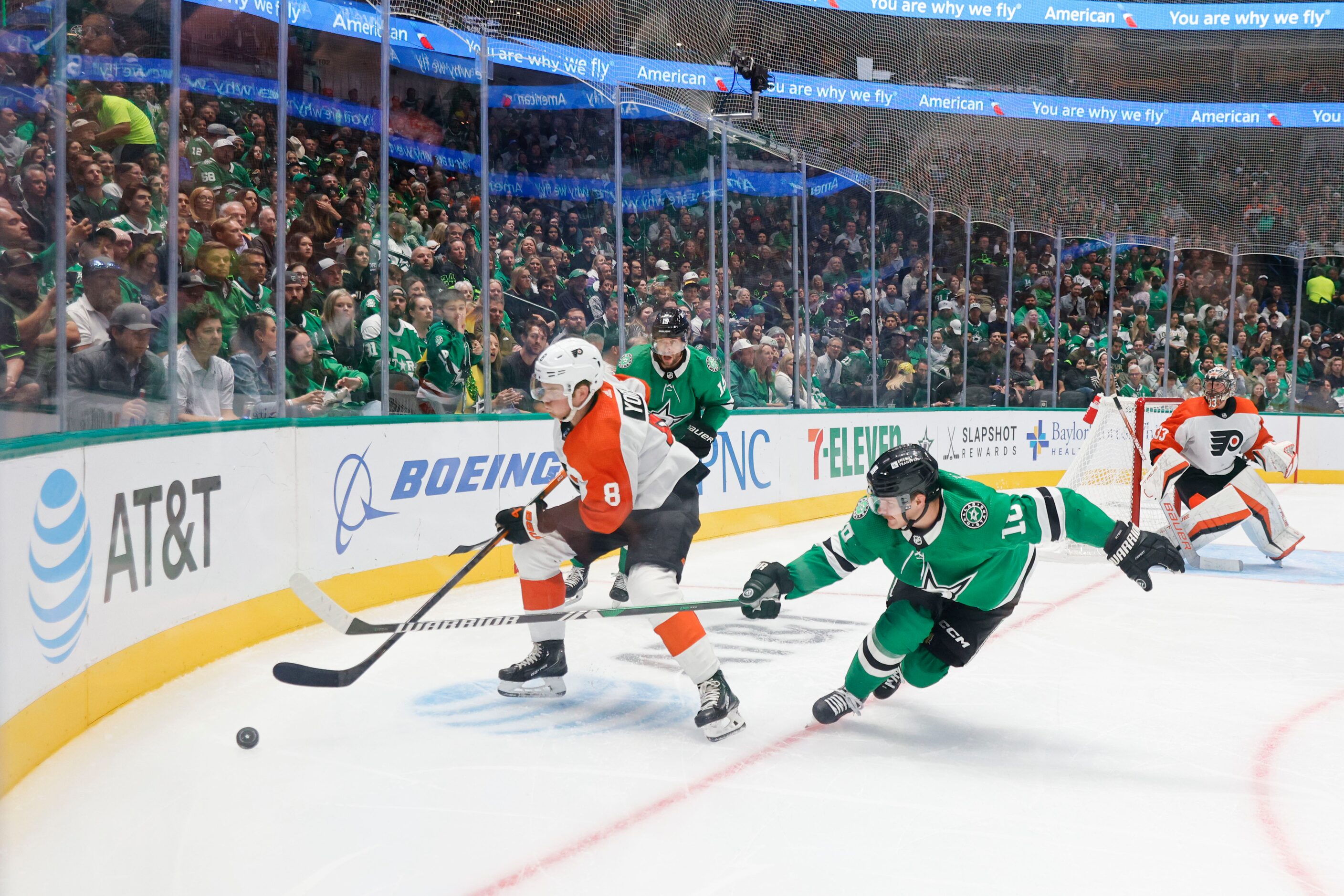 Philadelphia Flyers defenseman Cam York (8) battles against Dallas Stars center Sam Steel...