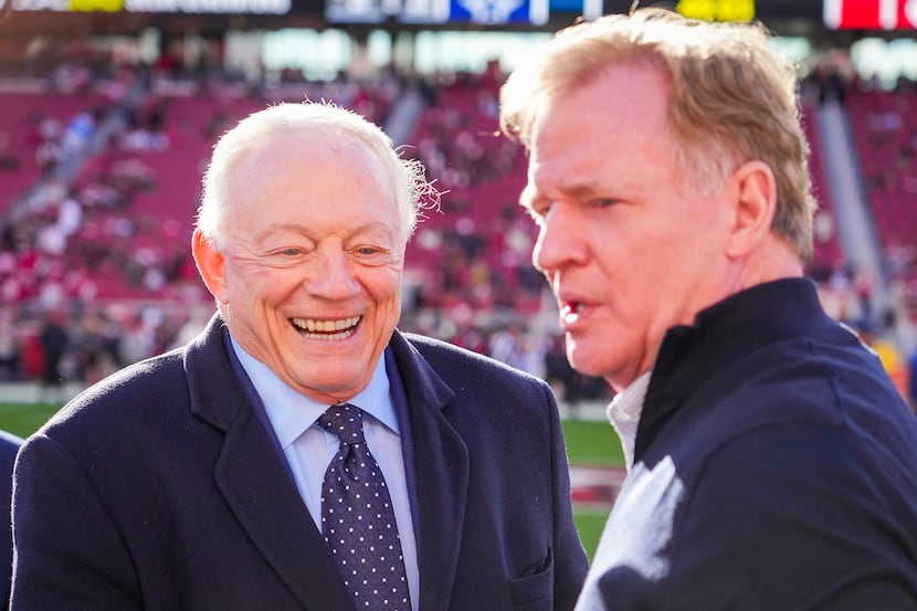 Dallas Cowboys owner and general manager Jerry Jones laughs with NFL commissioner Roger...