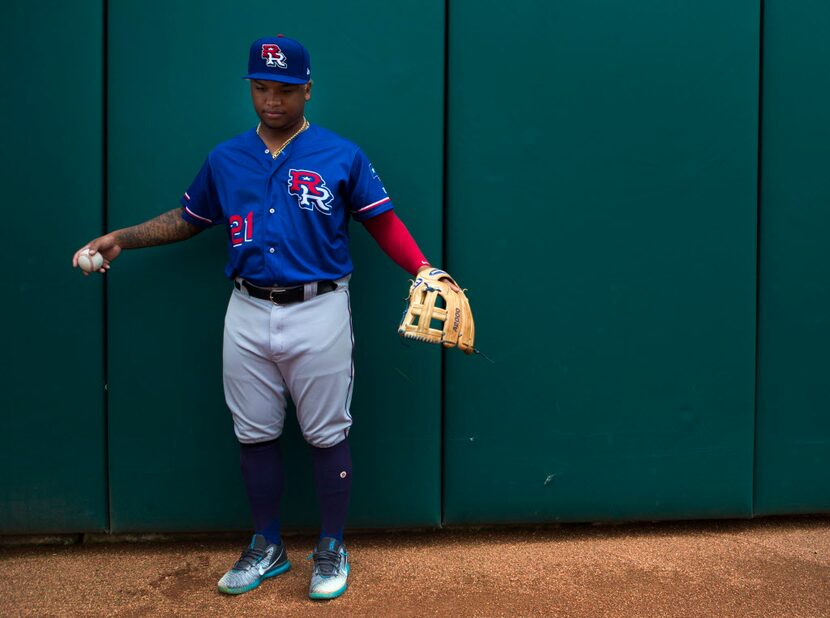 Round Rock Express left fielder Willie Calhoun poses for a portrait at the Oklahoma City...