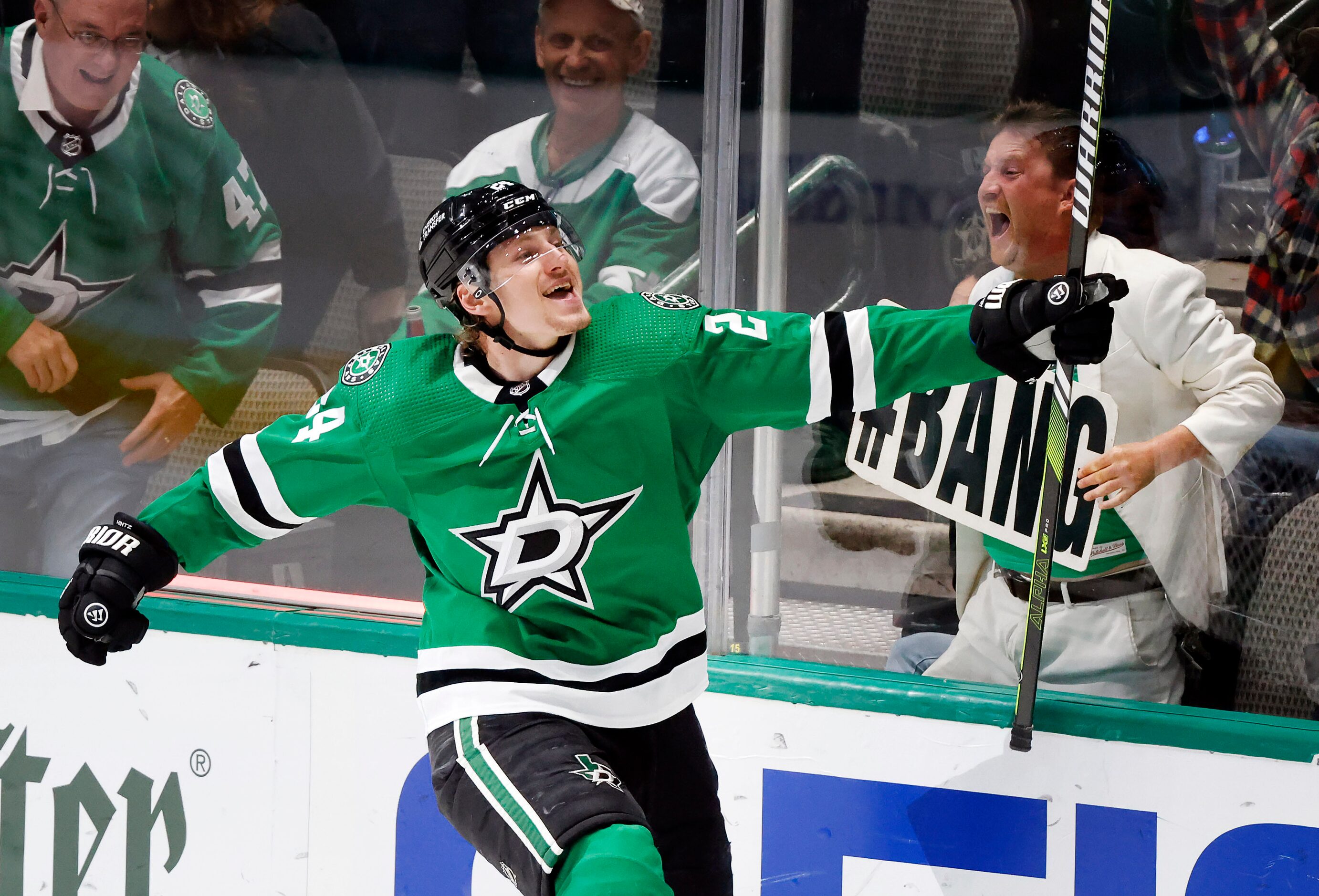 Dallas Stars center Roope Hintz (24) cl;elbrates his third goal of the game during the third...