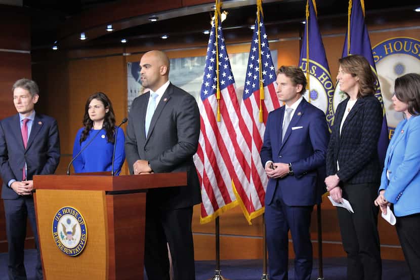 Rep. Colin Allred, D-Dallas, leads a news conference with House freshmen.