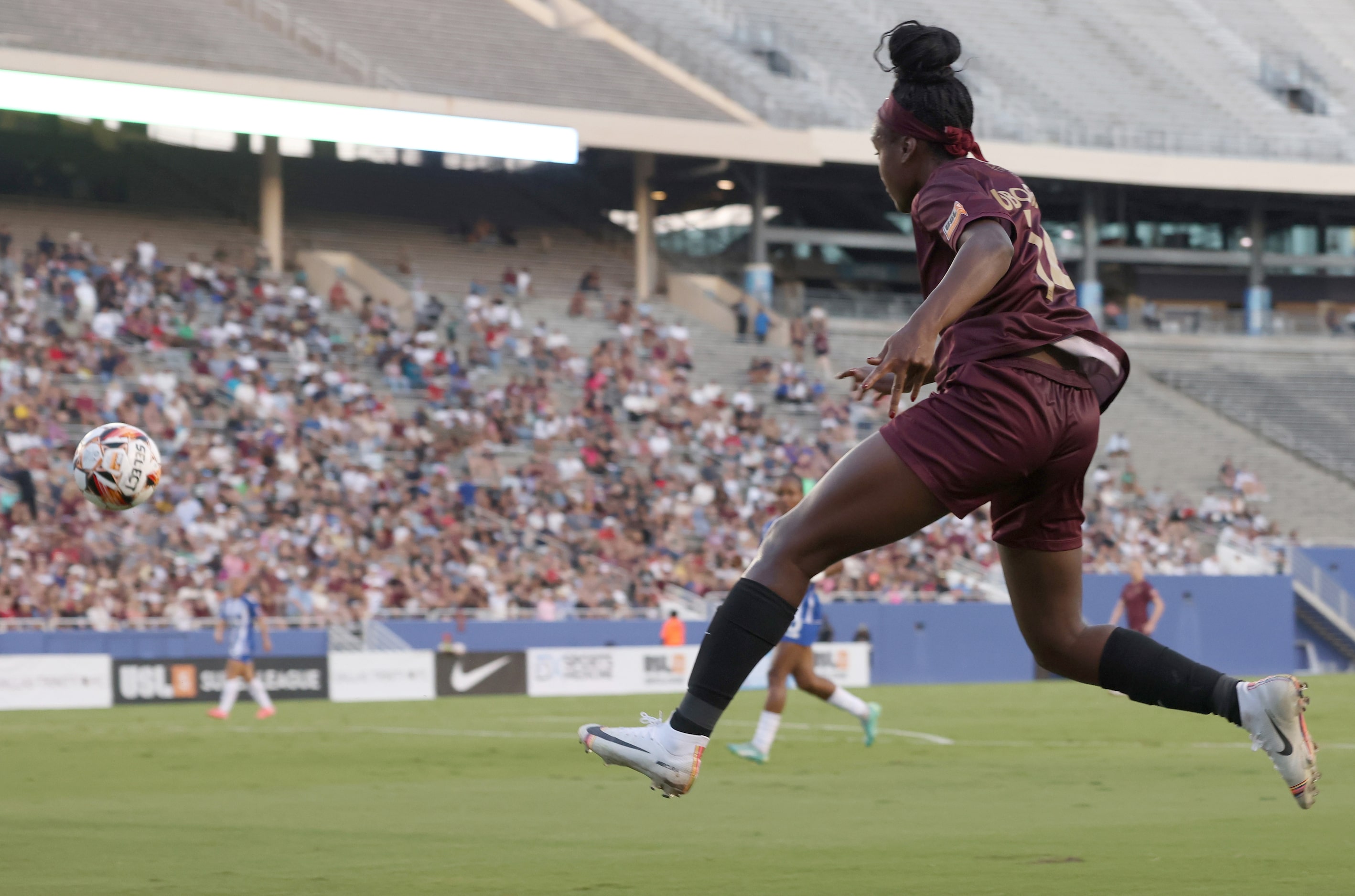 Dallas Trinity FC's Chioma Ubogagu (14) fires a shot on goal during first half play against...