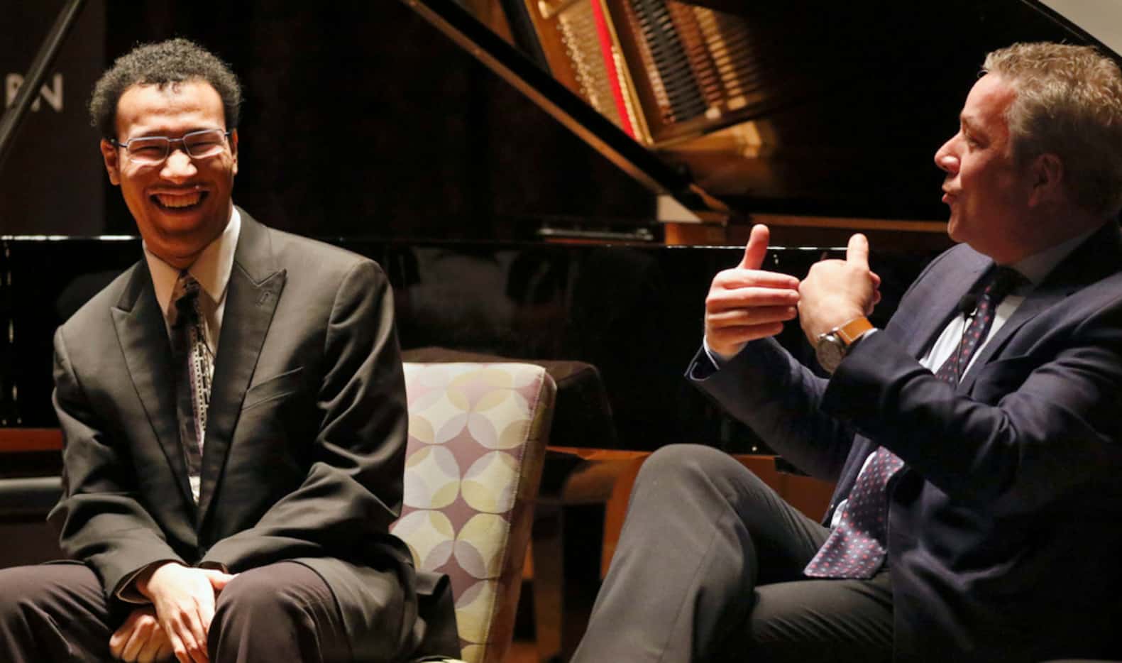 Cliburn pianist Clayton Stephenson (left) and Cliburn CEO Jacques Marquis speak during the...