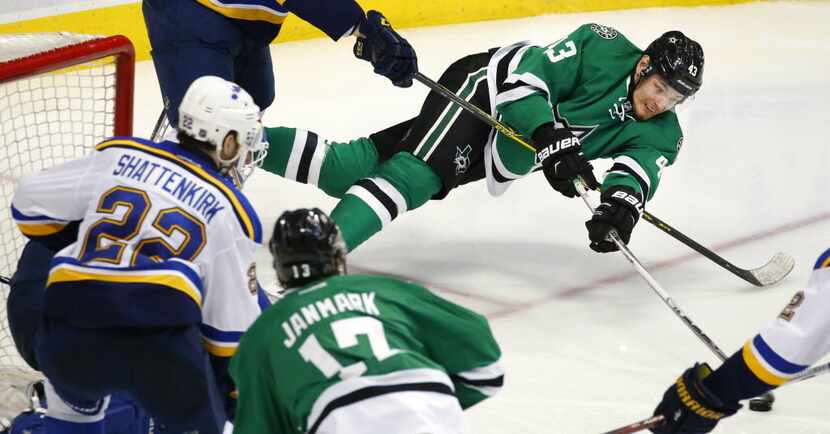 Dallas Stars right wing Valeri Nichushkin (43) takes a shot on St. Louis Blues goalie Brian...