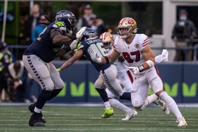 San Francisco 49ers defensive lineman Nick Bosa is pictured during an NFL football game,...