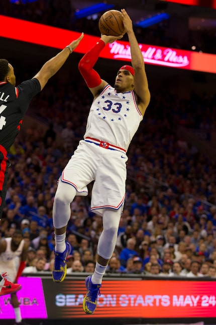 Tobias Harris #33 of the Philadelphia 76ers shoots the ball against the Toronto Raptors in...