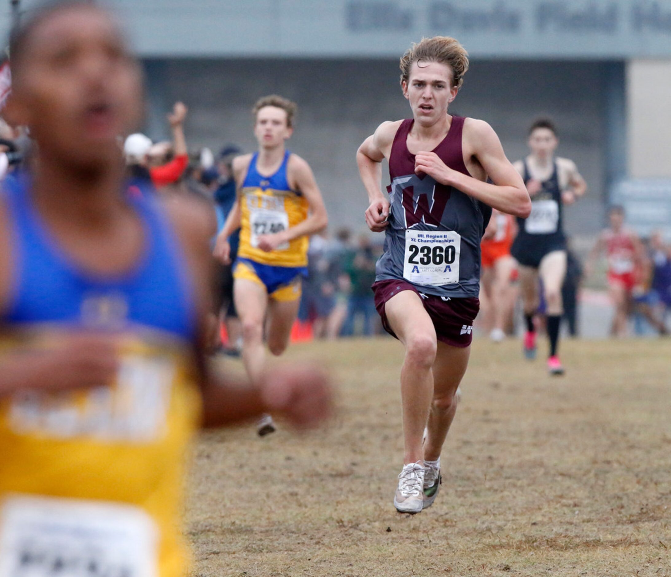 Wylie High School's Luke Lambert nears the finish line in the boys 6A division at the Region...