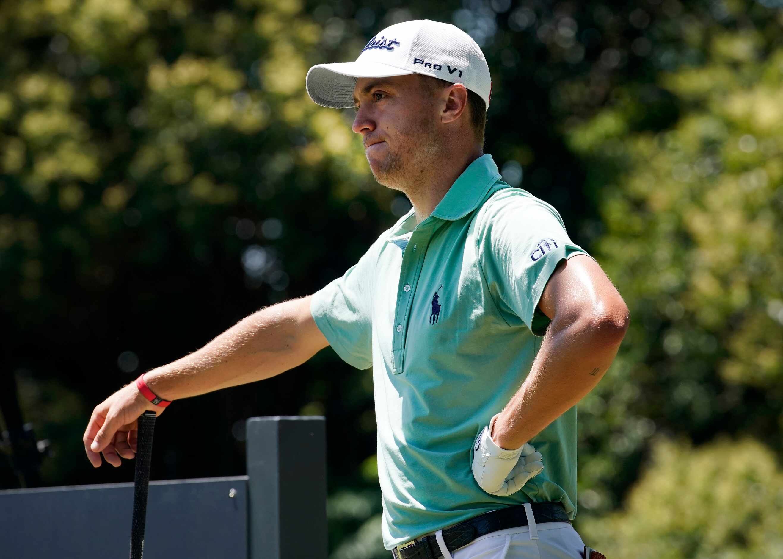 PGA Tour golfer Justin Thomas wasn't happy with his drive on No. 9 during the final round of...