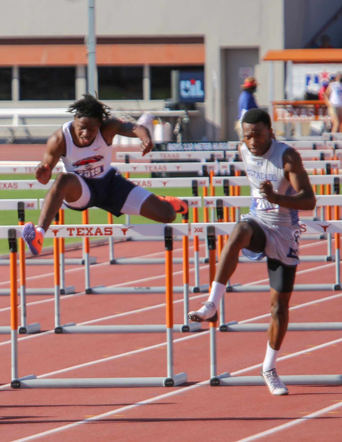 Life Waxahachie's Te'drick Robinson competes in the 4A boys 110 hurdles during the UIL state...